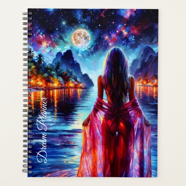 Agenda Dreamy ocean beach girl with moon and lights (Anverso)