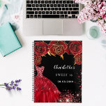 Agenda Dulce 16 flores de vestido rojo negro 2024<br><div class="desc">Un elegante fondo negro decorado con flores rojas,  chispas y un vestido rojo. Personaliza y agrega nombre,  edad y fecha.</div>