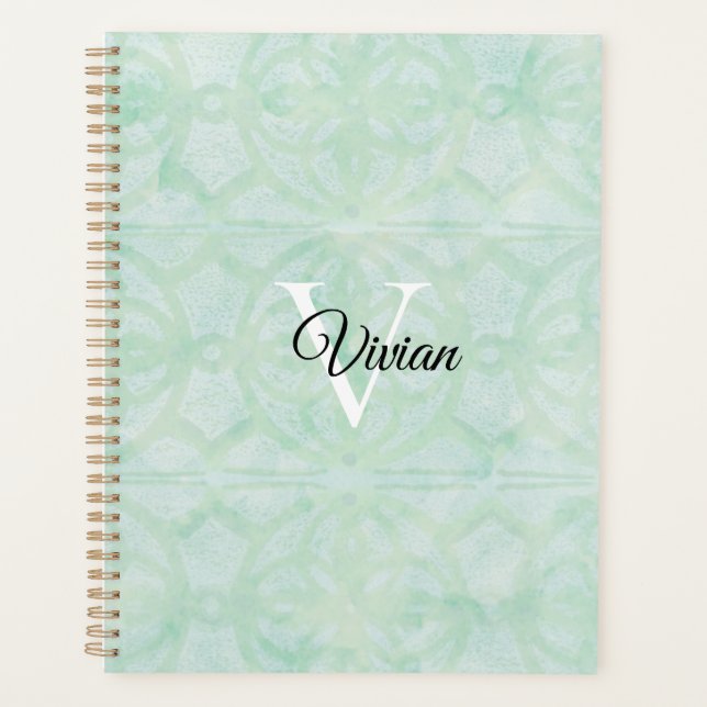 Agenda Dulce Mint Green Batik Elegante Monograma Nombre (Anverso)