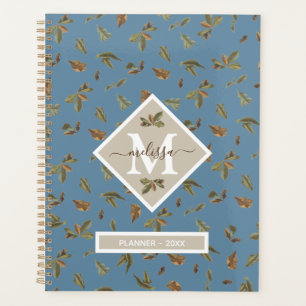 Agenda Dusty Blue Rustic Brown Leaves Monogramadas anualm