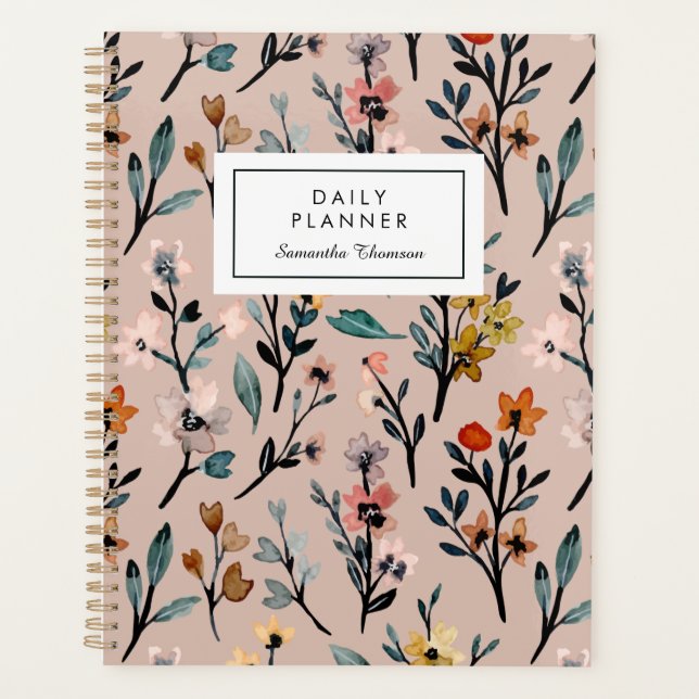 Agenda Dusty Rosa Boho Floral Watercolor Personalizado Si (Anverso)