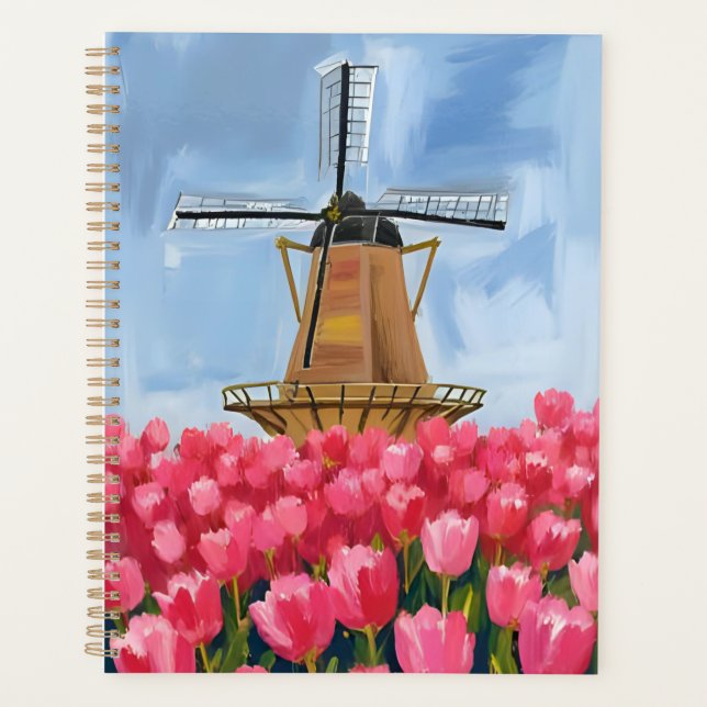 Agenda Dutch Windmill | Tulip Flower Field Watercolor (Anverso)