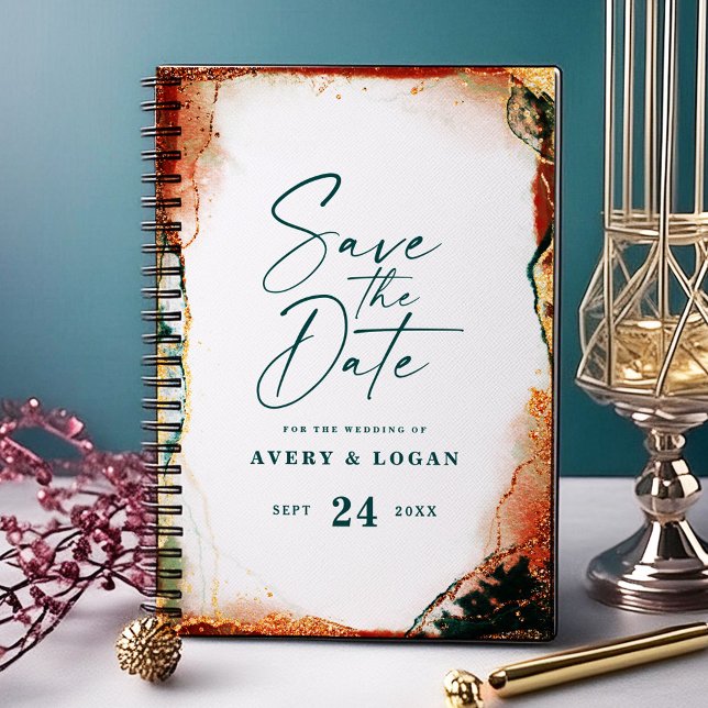 Agenda Eéreal Planes de Boda Verde azulada y Caída del Co (Teal and Copper Abstract Wedding Save the Date)