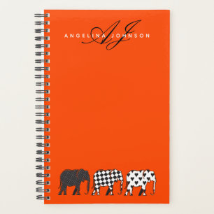 Agenda Elefante Negro Blanco y Naranja Monograma Nombre