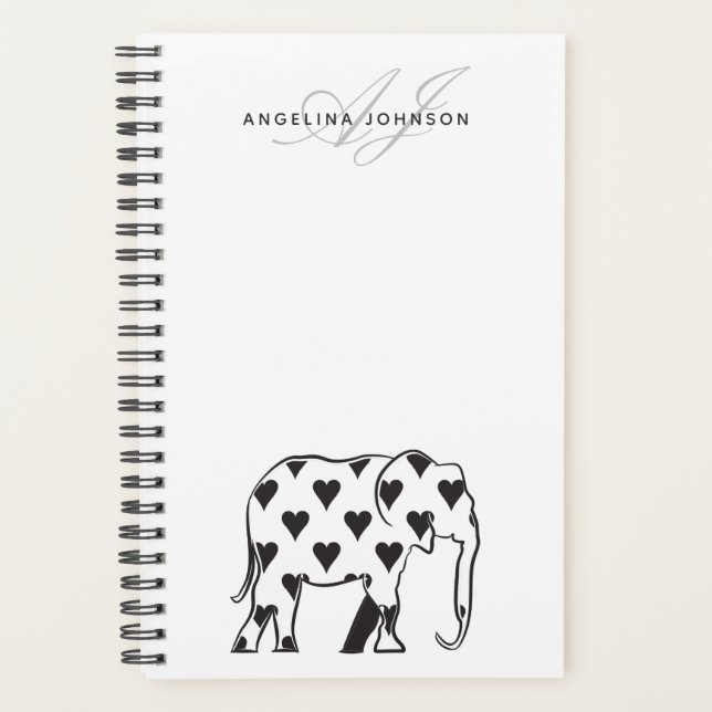 Agenda Elefante Nombre simple en blanco y negro (Anverso)