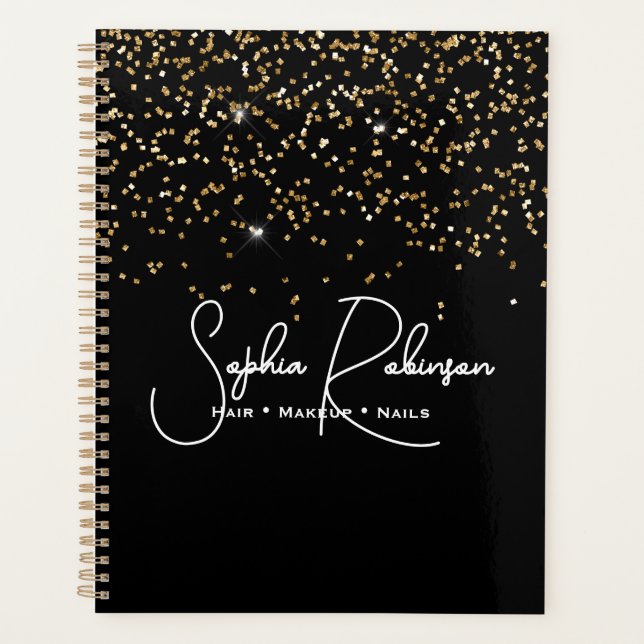 Agenda Elegant Black and Gold Glitter Salon Business (Anverso)