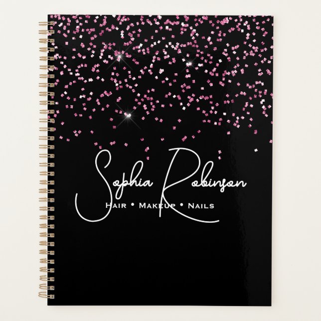 Agenda Elegant Black and Pink Glitter Salon Business (Anverso)