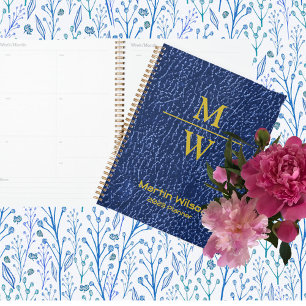 Agenda Elegant Blue Monogram Luxe Texture Gold Lettering