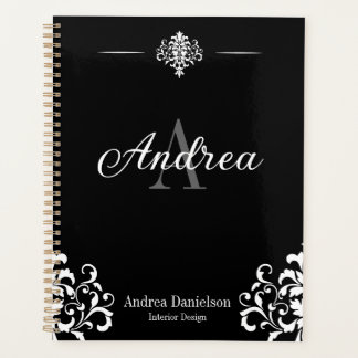 Agenda Elegant Damask Monogrammed Black and white Office
