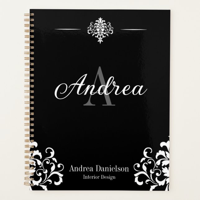 Agenda Elegant Damask Monogrammed Black and white Office (Anverso)