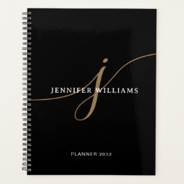 Agenda Elegant Plain Black and Gold Script Monogram