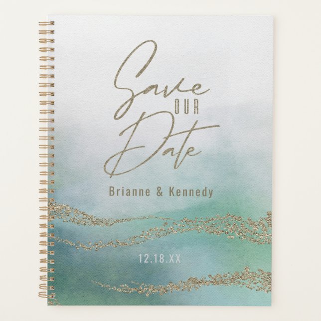 Agenda Elegante acuarela Aqua Ocean & Gold Salven la fech (Anverso)