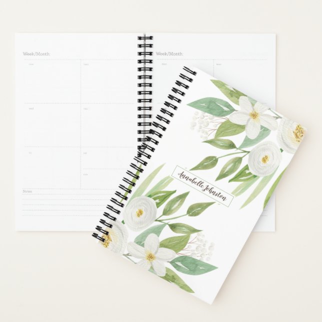 Agenda Elegante acuarela blanca y verde floral (Demostración)