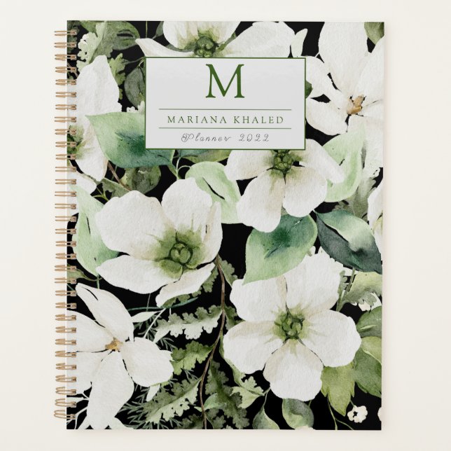 Agenda Elegante acuarela floral blanco y negro (Anverso)