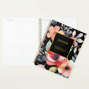 Agenda Elegante acuarela flores color oro negro profesion