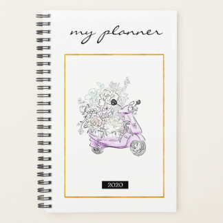 Agenda Elegante acuarela Flores modernas rosadas en bicic