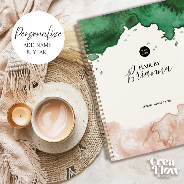 Agenda Elegante acuarela para citas de negocios Reserva (Elegant Business appointment book with Green and Blush pink watercolor front and back cover)