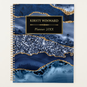 Agenda Elegante ágata azul y dorada con brillo oceánico
