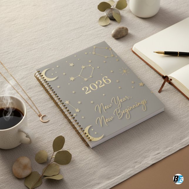 Agenda Elegante Año Nuevo Celestial Gris Dorado (Subido por el creador)