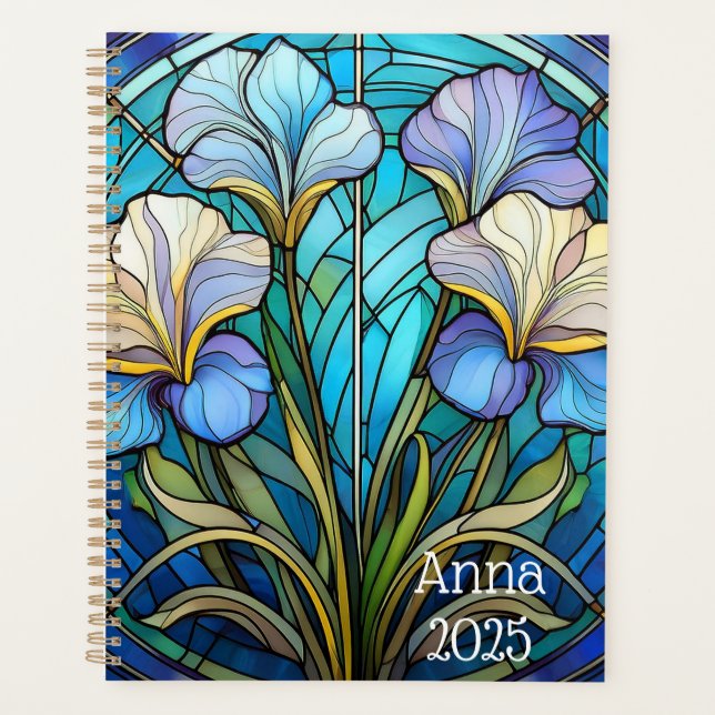Agenda Elegante Art Nouveau Floral Iris Azul de Vidrio Ma (Anverso)