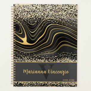 Agenda Elegante arte de mármol negro y Purpurina dorado