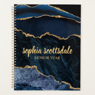 Agenda Elegante Azul Marino Mármol Dorado Año de Graduaci
