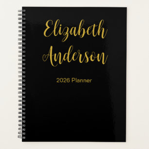 Agenda Elegante Black and Gold Cursive Script Name 2026