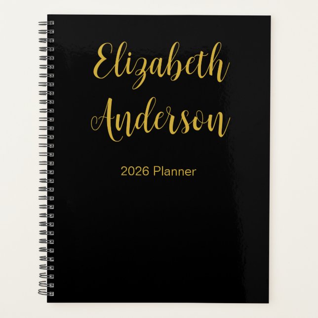 Agenda Elegante Black and Gold Cursive Script Name 2026 (Anverso)