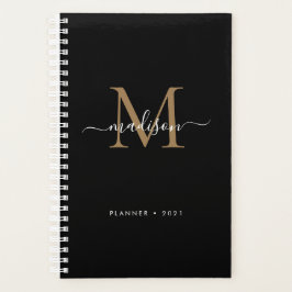 Agenda Elegante Black Gold Girly Monograma Script Nombre 