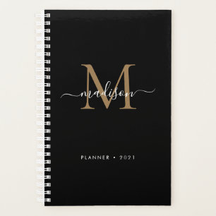 Agenda Elegante Black Gold Girly Monograma Script Nombre