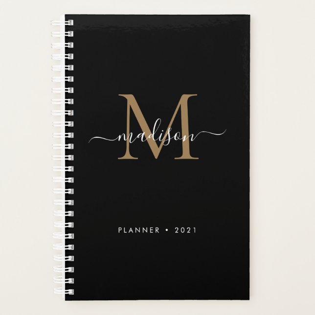 Agenda Elegante Black Gold Girly Monograma Script Nombre  (Anverso)