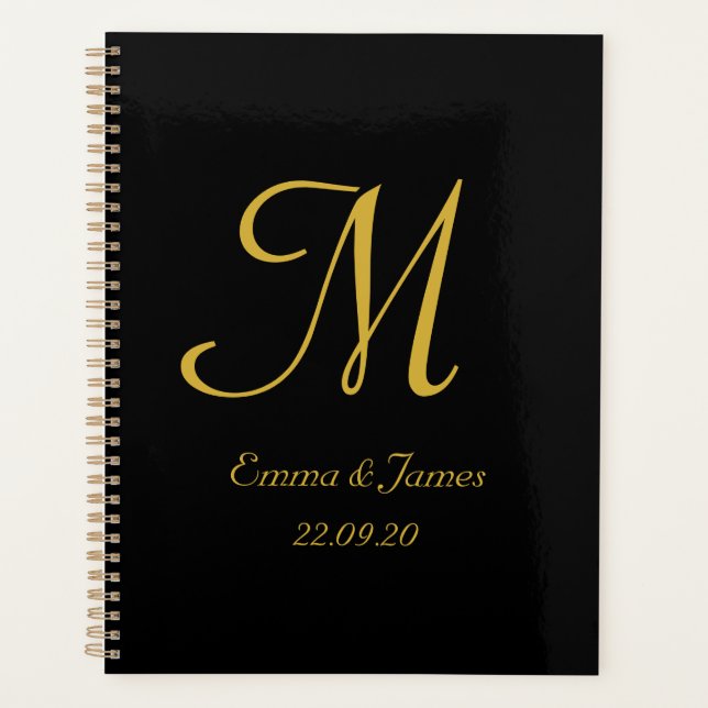 Agenda Elegante Boda de escritura de oro negro moderno (Anverso)