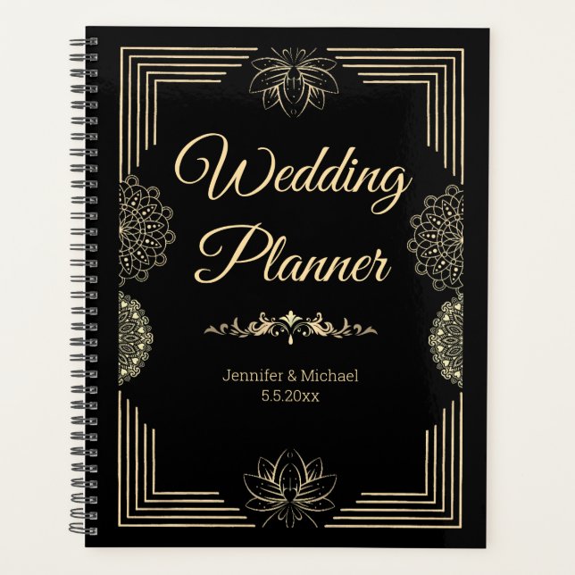 Agenda elegante boda de moda de lujo dorado negro (Anverso)