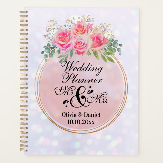 Agenda Elegante Boda de Señor y Señora con Flores Rosadas (Anverso)