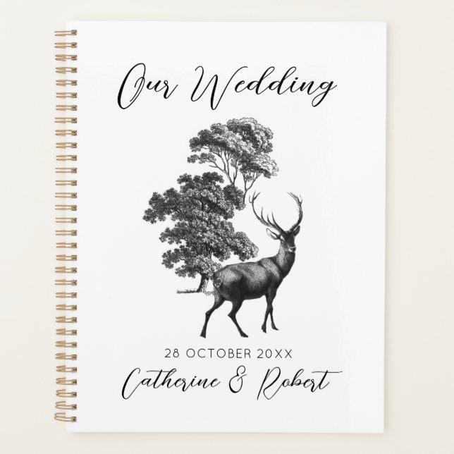 Agenda Elegante Boda de venado blanco negro de tela blanc (Anverso)