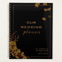 Agenda Elegante Boda floral negro y dorado