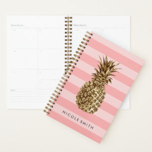 Agenda Elegante bonito de color dorado piña y raya rosa