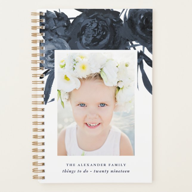 Agenda Elegante Bouquet floral azul con nombre y foto (Anverso)