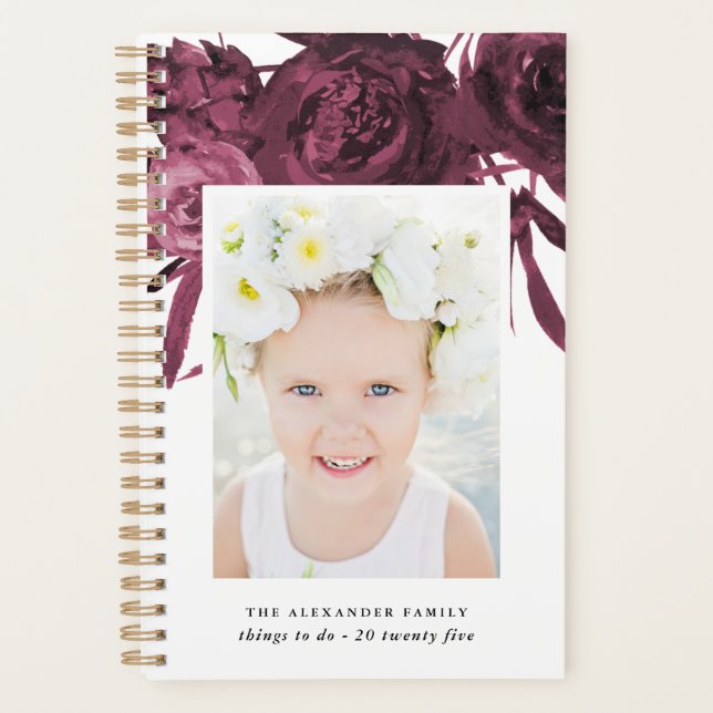 Agenda Elegante Bouquet Maroon Floral con nombre y foto (Anverso)