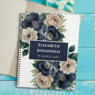 Agenda Elegante color de agua floral azul y crema de la m