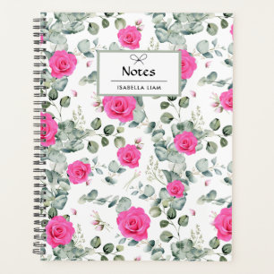Agenda Elegante color de agua verde Patrón de flores rosa