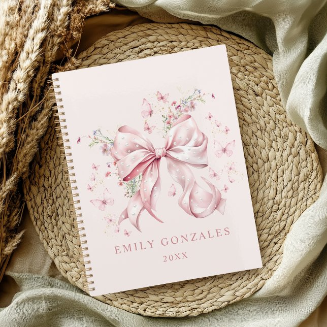 Agenda Elegante Coqueta Rosa y Perlas Personalizada (Elegant Pink Bow & pearls coquette personalized planner notebook)