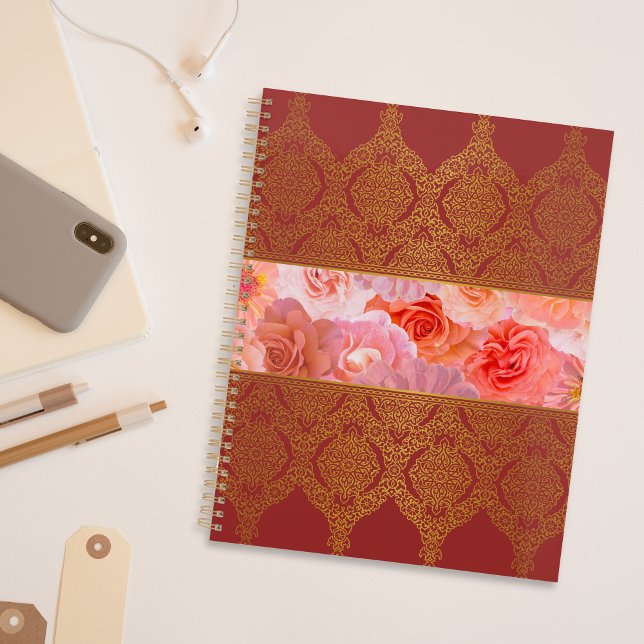 Agenda Elegante Damask Oriental Rojo Floral Golden Lace (Subido por el creador)