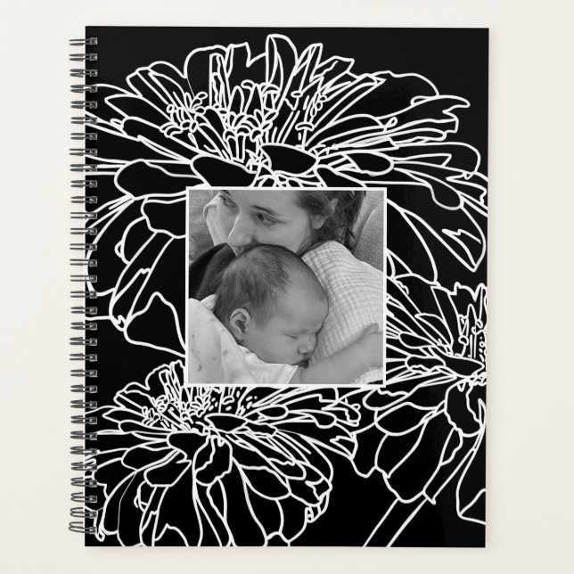 Agenda Elegante dibujo floral minimalista blanco negro (Anverso)
