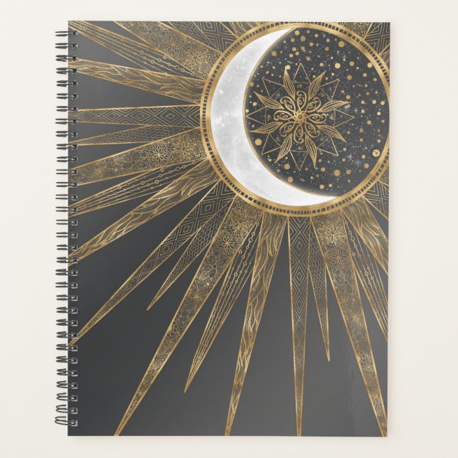 Agenda Elegante Doodles dorados Sun Moon Mandala Diseño (Anverso)