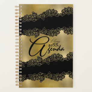 Agenda elegante dorada personalizada con rosas
