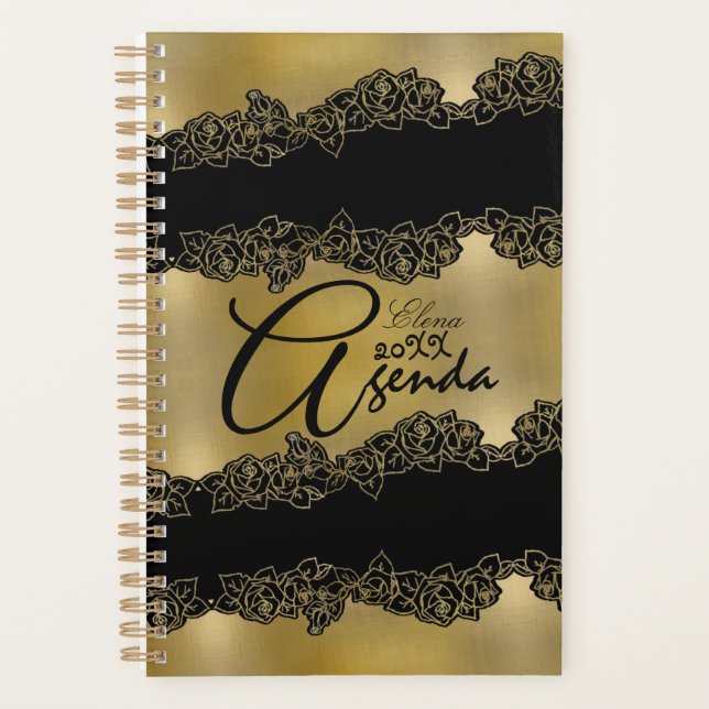 Agenda elegante  dorada personalizada con rosas (Anverso)