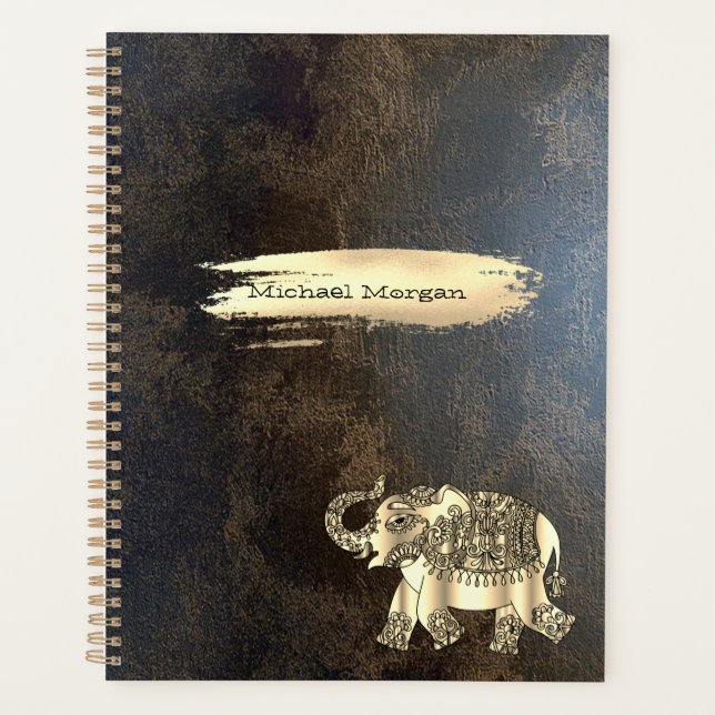 Agenda Elegante elefante dorado, pincel, piel (Anverso)