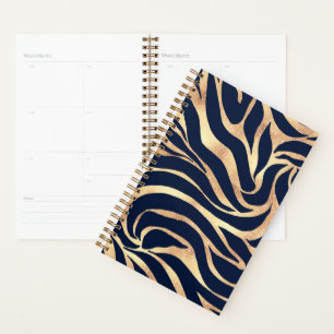 Agenda Elegante Estampado de Cebra Azul Marino y Dorado