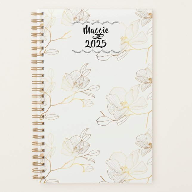 Agenda Elegante Floral dorada personalizada Semanal/Mensu (Anverso)